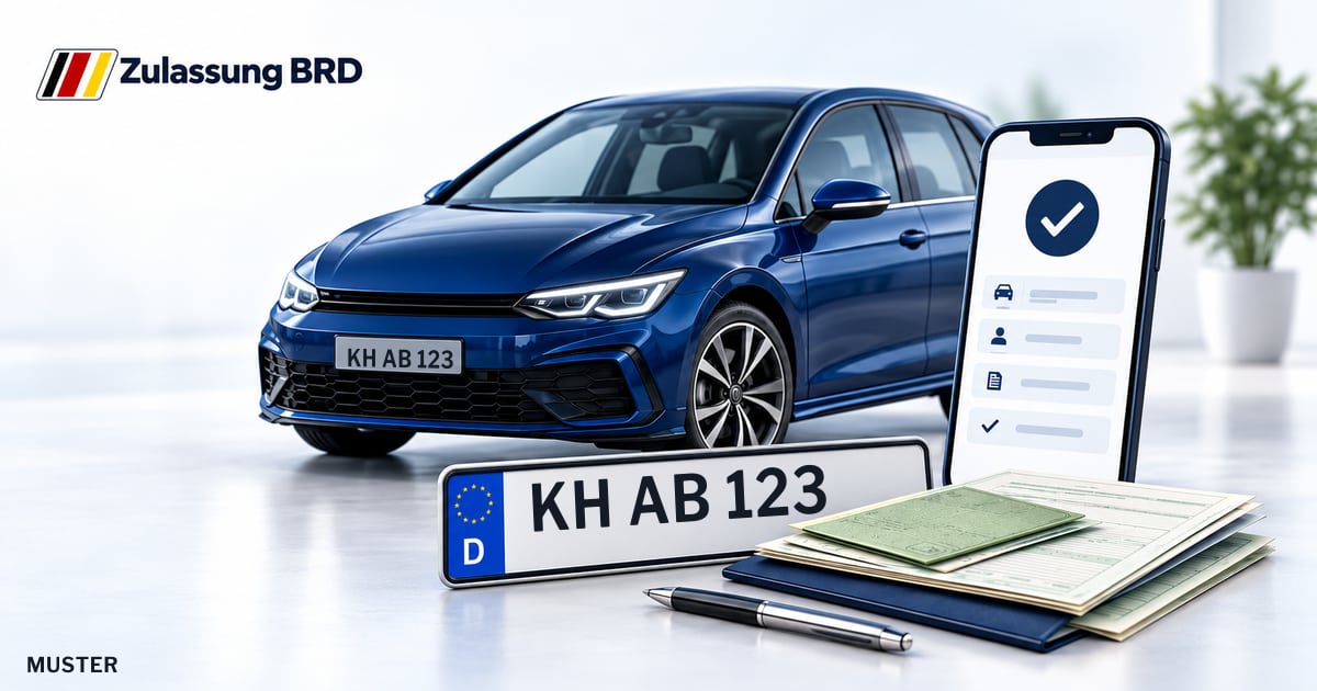 Online Fahrzeugzulassung in Landkreis Bad Kreuznach: Musterkennzeichen KH AB 123, Auto und Fahrzeugpapiere und Smartphone. Illustration mit Logo von Zulassung BRD.